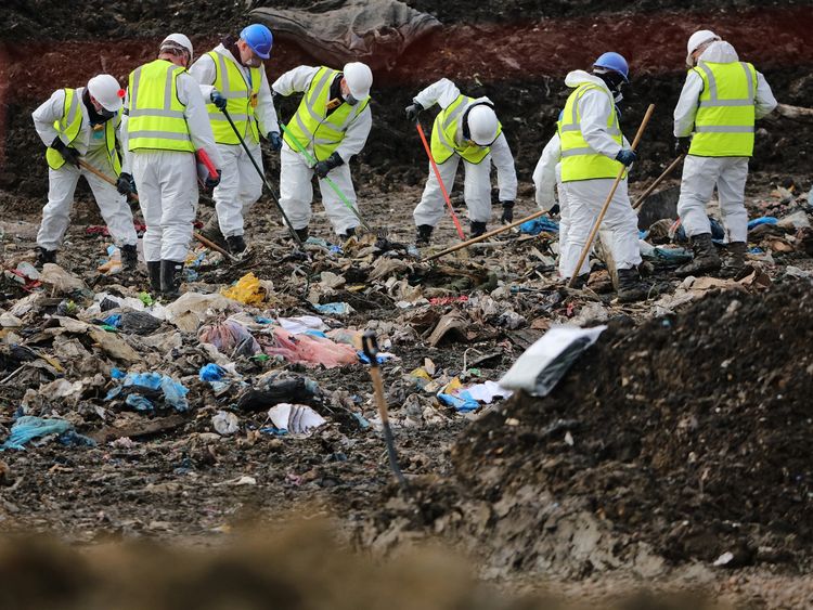 MILTON, ENGLAND - MARCH 08: Police officers search a landfill site in search of missing RAF airman Corrie Mckeague on March 8, 2017 in Milton, near Cambridgeshire in England. The search of the rubbish tip is expected to take up to 10 weeks. 