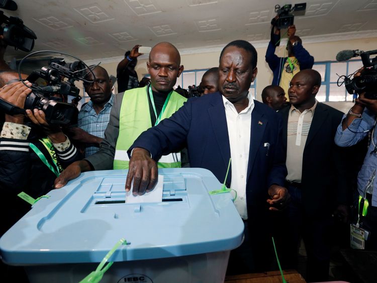 Opposition leader and presidential candidate Raila Odinga casts his vote