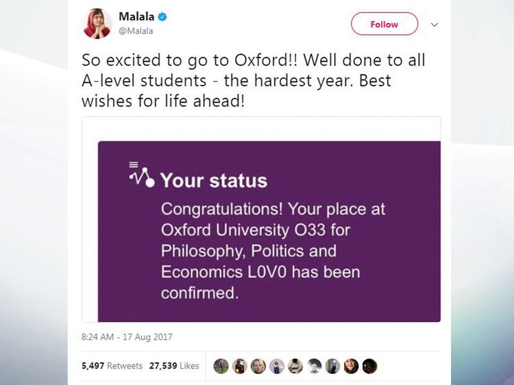 Malala shared the news she had been accepted to Oxford with her Twitter followers