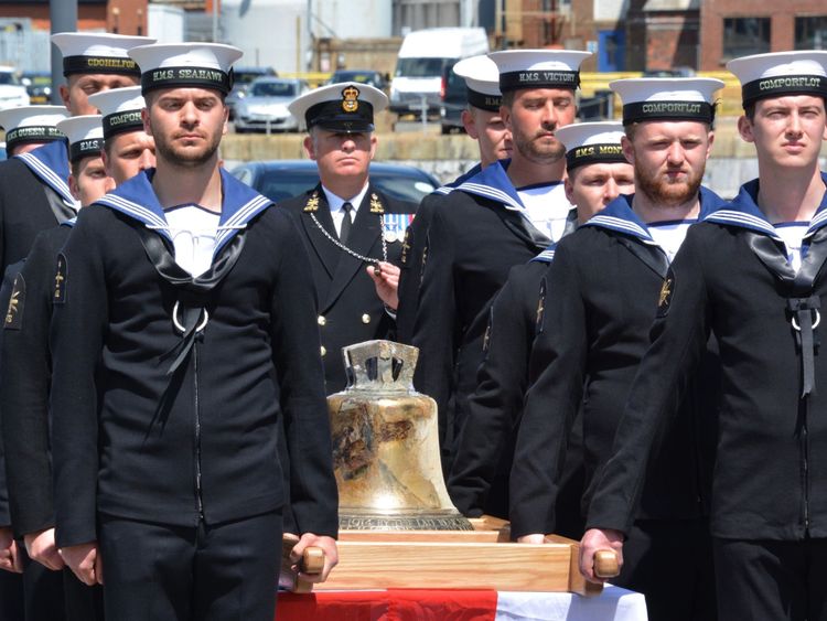 May 2016 The bell from HMS Hood is carried by a Royal Navy guard at Portsmouth Historic Dockyard after it was unveiled by the Princess Royal to mark the 75th anniversary of the Royal Navy's largest loss of life from a single vessel.