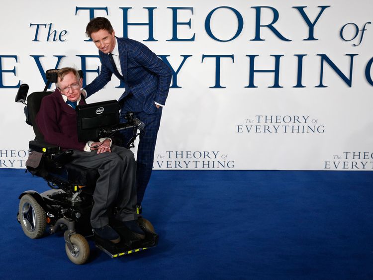 Eddie Redmayne poses with British scientist Stephen Hawking at the UK premiere of the film The Theory of Everything