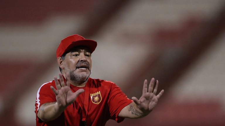 FUJAIRAH, UNITED ARAB EMIRATES - JULY 24: Diego Maradona, the new head coach of Fujairah FC gestures to players during a training session at Fujairah Stadium on July 24, 2017 in Fujairah, United Arab Emirates. (Photo by Francois Nel/Getty Images)
