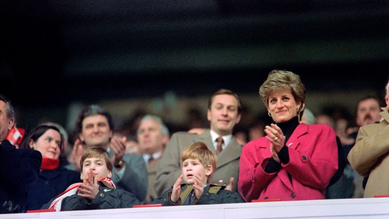 Feb 1992: Diana, William, and Harry applaud during the Wales vs France Five Nations Cup match at Cardiff Arms Park