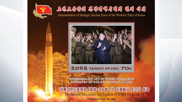 A new stamp issued in commemoration of the successful second test launch of the "Hwasong-14"