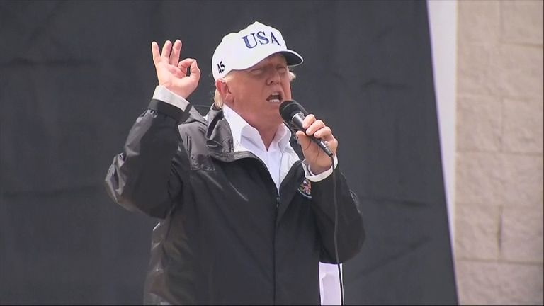 US President Donald Trump delivers a pep talk to the flood affected people of Texas