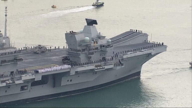 The Royal Navy&#39;s biggest ever warship is still on sea trials and will not be commissioned into the Royal Navy for another three months