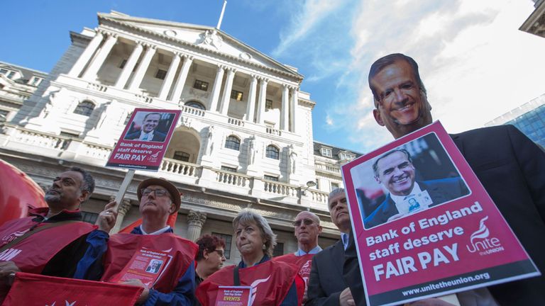 Striking workers and protesters outside the Bank of England