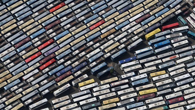 An aerial view shows buses parked after dropping Muslim pilgrims off near Mount Arafat