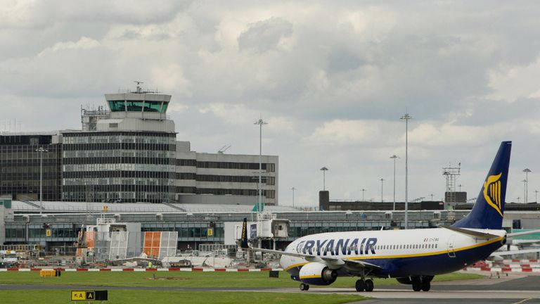 A Ryanair flight lands at Manchester Airport. File picture