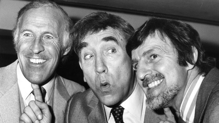 Sir Bruce with fellow TV personalities Frankie Howerd, centre, and Jimmy Hill