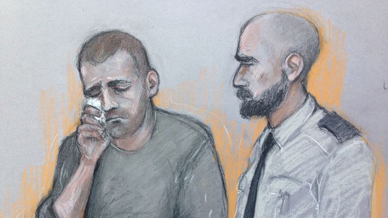 Court artist sketch by Elizabeth Cook of Ryszard Masierak (left) appearing at High Wycombe Magistrates' Court. The lorry driver is accused of eight counts of causing death by dangerous driving, four counts of causing serious injury by dangerous driving and eight counts of causing death by careless driving while over the prescribed alcohol limit, following the M1 crash in which eight people were killed. PRESS ASSOCIATION Photo. Picture date: Monday August 28, 2017. See PA story COURTS M1. Photo c