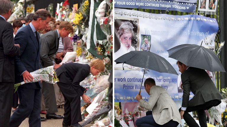 Prince William and Prince Harry look at tributes to their late mother Princess Diana 20 years apart