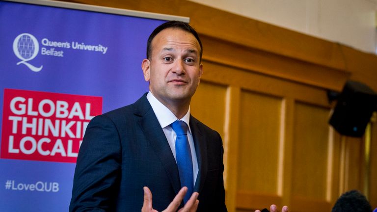 Leo Varadkar speaks during a press conference at Queen&#39;s University in Belfast