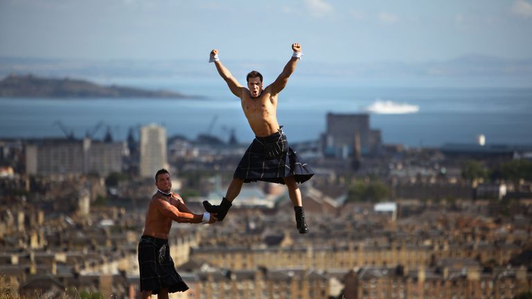EDINBURGH, SCOTLAND - AUGUST 06: Chippendales promote their Edinburgh Fringe show on top of Calton hill on August 6, 2009 in Edinburgh, Scotland. The act returns to the UK for the first time in over 5 years with their show Ultimate Girls Night Out at the Gilded Balloon. (Photo by Jeff J Mitchell/Getty Images)
