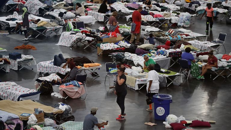 Evacuees taking shelter at the George R. Brown Convention Center  in Houston