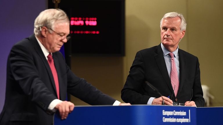 David Davis and Michel Barnier at their joint news conference after apparently difficult talks