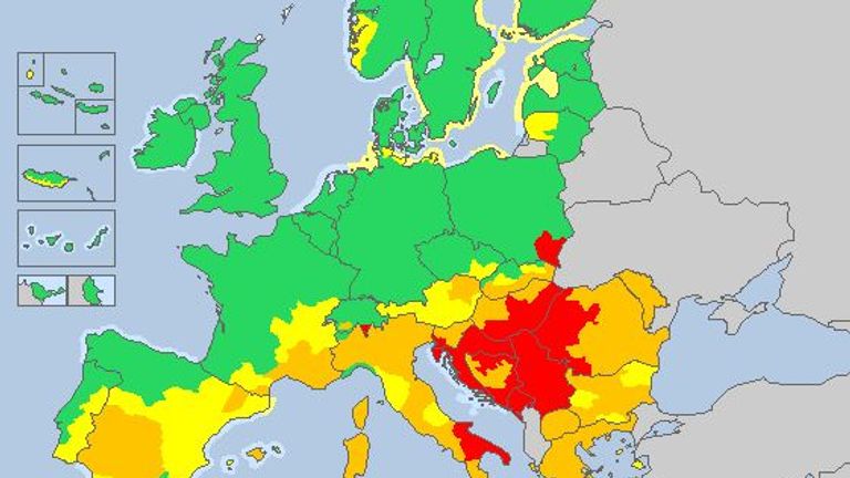 Meteoalarm showing red and orange weather alerts