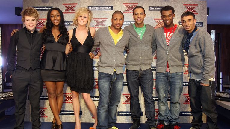Alexandra Burke (2ndL) beat Eoghan Quigg (L),  Diana Vickers (3rdL) and JLS (Right) to take the 2008 X Factor crown.