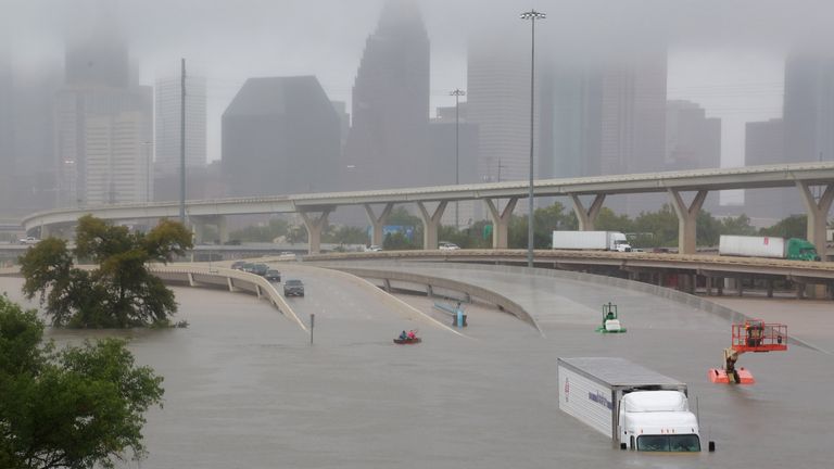 Interstate highway 45 is submerged from the effects of Hurricane Harvey seen during widespread flooding in Houston, Texas, U.S. August 27, 2017