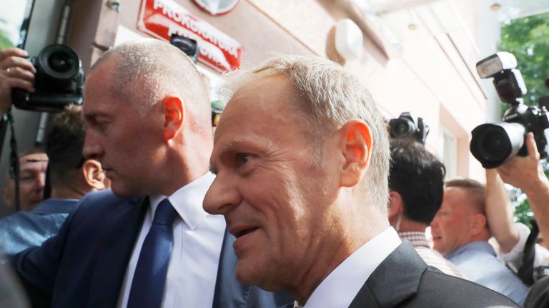 President of the European Council Donald Tusk (R) arrives at the prosecutor&#39;s office