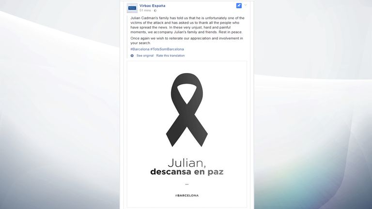 Statement confirming death of Julian Cadman, 7, in Barcelona attack
