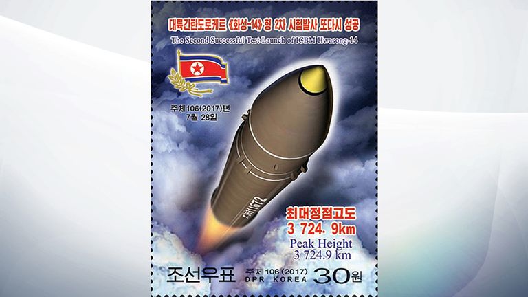 A new stamp issued in commemoration of the successful second test launch of the "Hwasong-14"