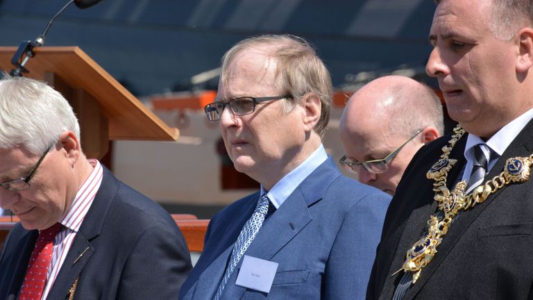 Microsoft co-founder Paul Allen attends the unveiling of the bell from HMS Hood at Portsmouth Historic Dockyard, to mark the 75th anniversary of the Royal Navy&#39;s largest loss of life from a single vessel.