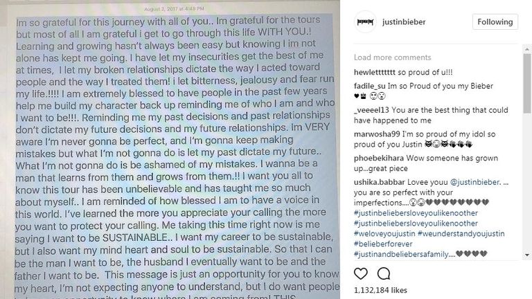 Justin Bieber&#39;s Instagram post on Thursday