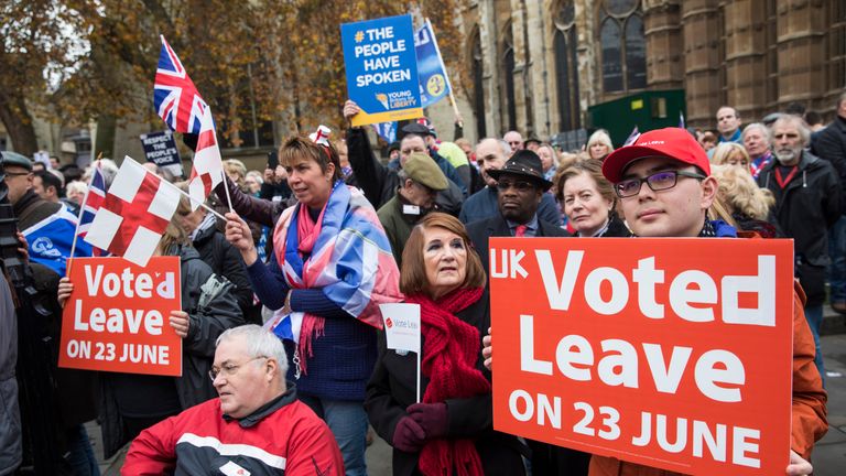 Pro-Brexit demonstrators protest outside the Houses of Parliament on November 23, 2016 in London, England