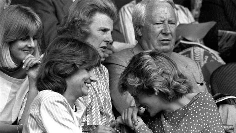 July 1985: Diana laughs with Carolyn Herbert in the Royal box at Wimbledon before the men&#39;s singles semifinal between Jimmy Conners and Kevin Curren