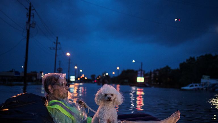 A rescue helicopter hovers in the background as an elderly woman and her poodle use an air mattress to float above flood waters from Tropical Storm Harvey while waiting to be rescued from Scarsdale Boulevard in Houston, Texas, U.S. August 27, 2017