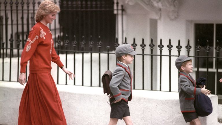 Sept 1989: Diana follows her sons Prince Harry, 5, and Prince William, 7, on Harry&#39;s first day at the Wetherby School in Notting Hill, West London