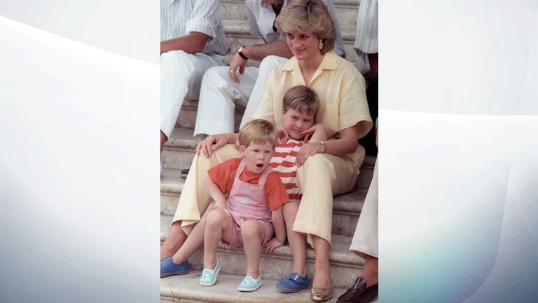 Aug 1987: Diana holds William, 6, and Harry, 3, as they pose during the mornings&#39;s picture session in Palma de Mallorca, Spain