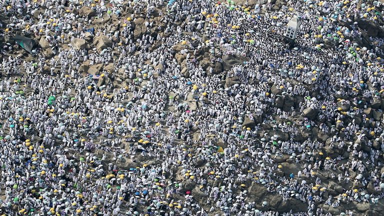 An aerial view shows Muslim pilgrims gathering on Mount Arafat