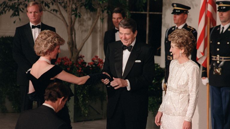 Nov 1985: US President Ronald Reagan and his wife Nancy welcome Princess Diana and Prince Charles at the White House