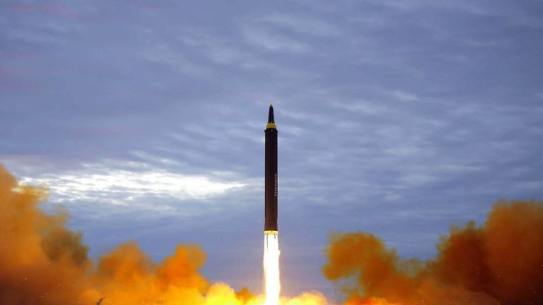 North Korea&#39;s intermediate-range strategic ballistic rocket Hwasong-12 lifting off from the launching pad on Aug 29 at an undisclosed location near Pyongyang. Pic Korean Central News Agency KCNA