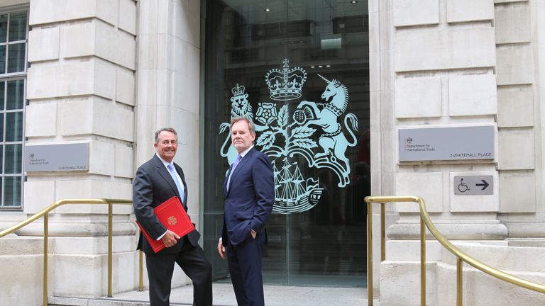 Dr Liam Fox and Crawford Falconer outside the Department for International Trade