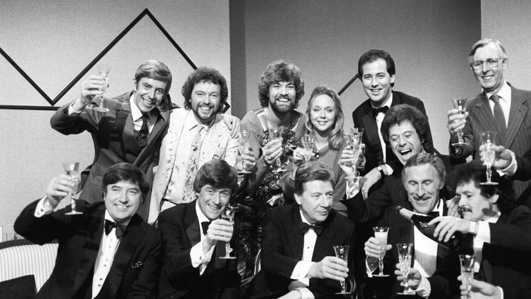 (Back L-R) Henry Kelly, Jeremy Beadle, Matthew Kelly, Sarah Kennedy, Michael Barrymore, Lionel Blair. (Front L-R) Jimmy Tarbuck, Mike Yarwood, Max Bygraves, Bruce Forsyth and Bobby Ball in 1983