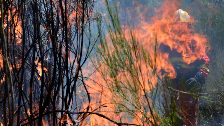 A member of the UME (Emergency Military Unit) fights a wildfire behind flames in Vilardevos, northwestern Spain, on August 4, 2017. / AFP PHOTO / MIGUEL RIOPA (Photo credit should read MIGUEL RIOPA/AFP/Getty Images)