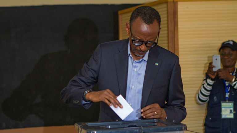 Rwandan President Paul Kagame casts his vote in Kigali, Rwanda