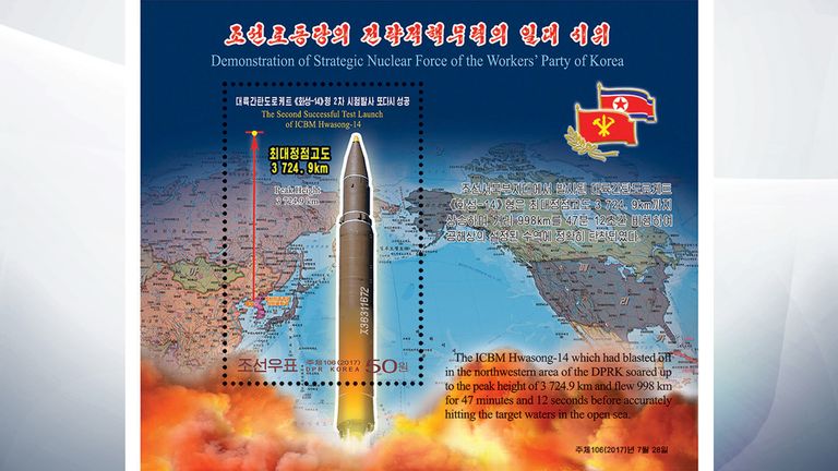 A new stamp issued in commemoration of the successful second test launch of the "Hwasong-14"