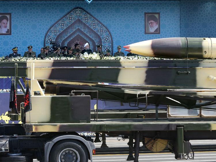 Missiles are displayed during a military parade in Tehran on Friday