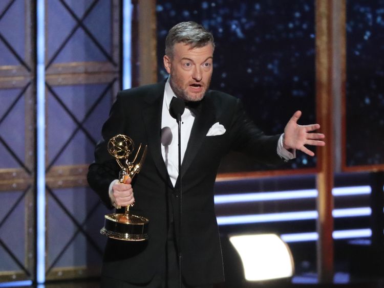 Charlie Brooker accepts the award for Outstanding Writing for a Limited Series or Movie for Black Mirror