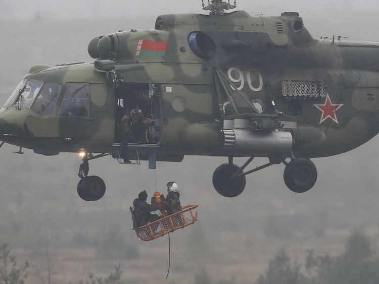 A Belarussian Mi-8 helicopter transports participants of the Zapad-2017 war games