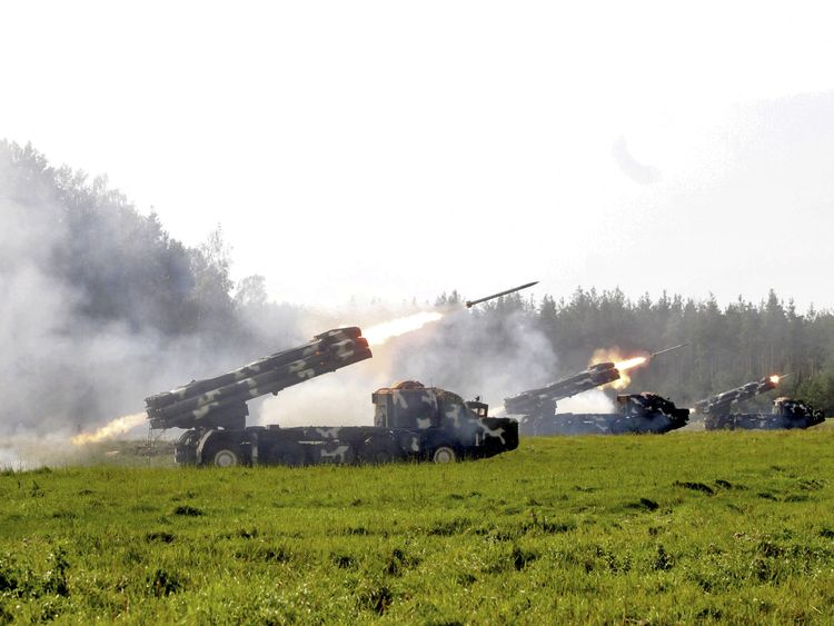 A multiple rocket launcher system fires during the Zapad-2017 war games
