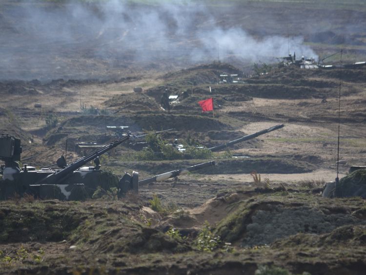 A view shows turrets of armoured vehicles during the Zapad-2017 war games