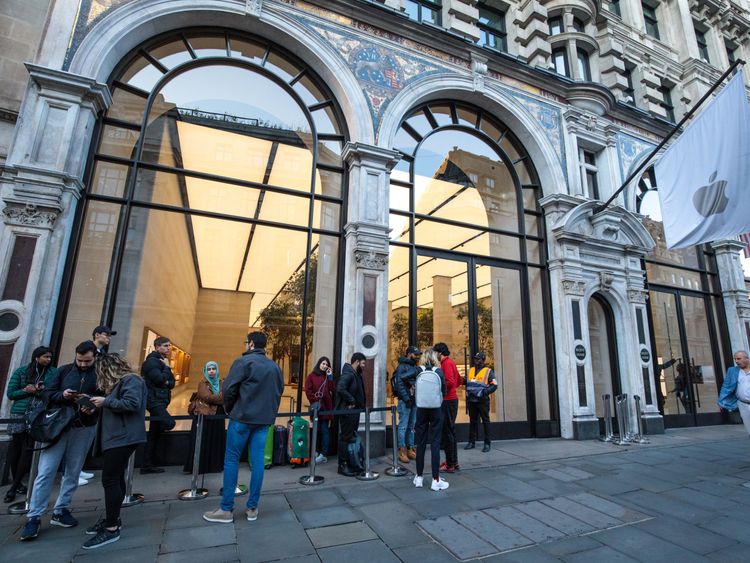 Customers queue outside Apple Regent Street ahead of the launch of the iPhone 8