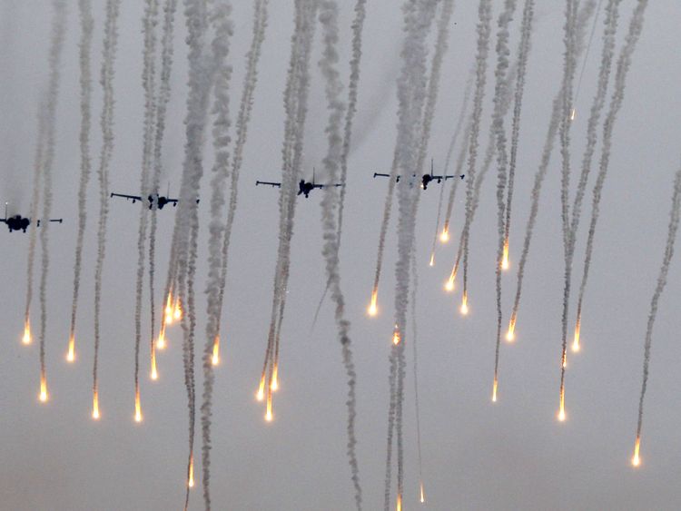 Jet fighters releases flares during the Zapad 2017 war games at a range near the town of Borisov, Belarus 
