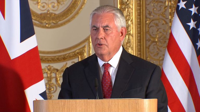 The U.S. Secretary of State Rex Tillerson at news conference in Lancaster House.