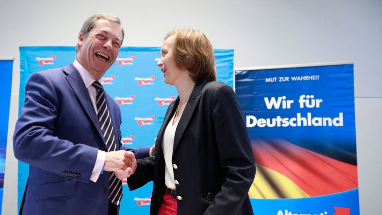 Nigel Farage speaks at an event held by the German right-wing, populist Alternative for Germany (AfD) political party  as AfD leading member Beatrix von Storch looks